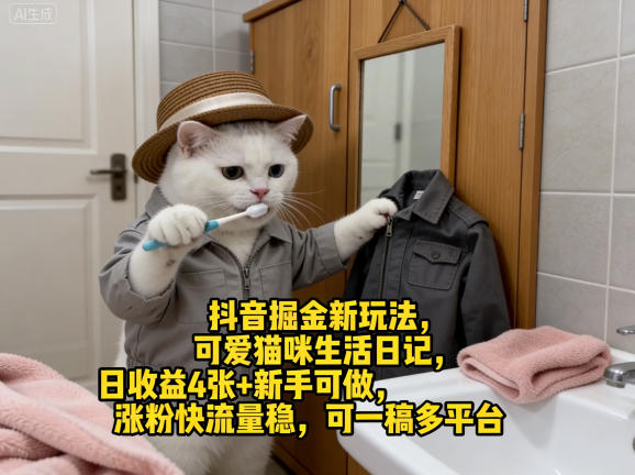 抖音掘金新玩法，可爱猫咪生活日记，日收益4张+新手可做，涨粉快流量稳，可一稿多平台-云享网创