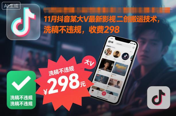 11月抖音某大V最新影视二创搬运技术,洗稿不违规,收费298-云享网创