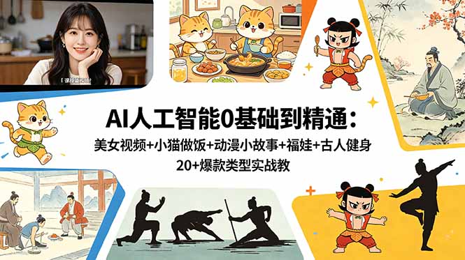 AI人工智能0基础到精通：美女视频+小猫做饭+动漫小故事+福娃+古人健身，20+爆款类型实战教学-云享网创