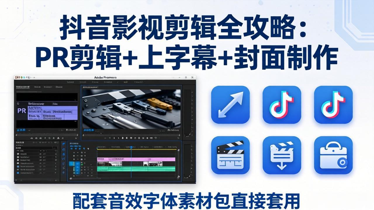 抖音影视剪辑全攻略：PR剪辑+上字幕+封面制作，配套音效字体素材包直接套用-云享网创