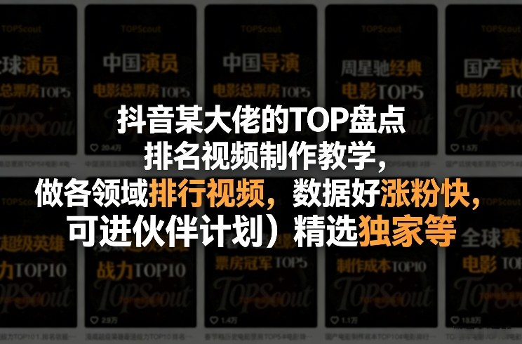 抖音某大佬的TOP盘点排名视频制作，做各领域排行视频，数据好涨粉快，可进伙伴计划＋精选独家等-云享网创
