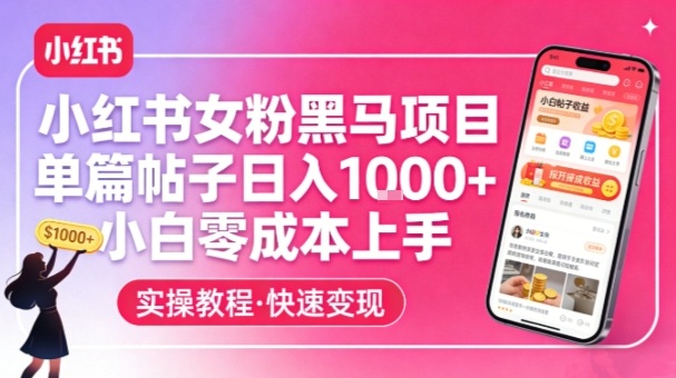 小红书女粉黑马项目，单篇帖子日入1k+，小白零成本上手-云享网创