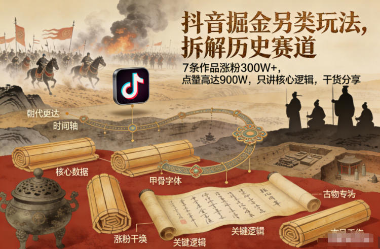 抖音掘金另类玩法，拆解历史赛道，7条作品涨粉300W+，点赞量高达900W，只讲核心逻辑，干货分享-云享网创