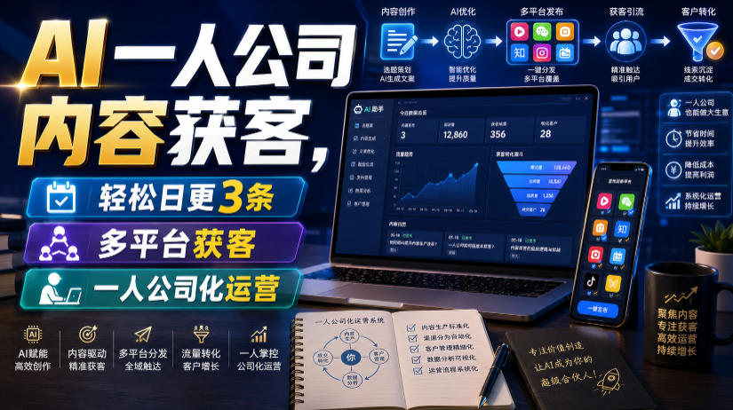 AI一人公司内容获客,轻松日更3条,多平台获客,一人公司化运营-云享网创