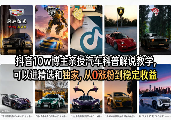 抖音10w博主亲授汽车科普解说教学，可以进精选和独家，从0涨粉到稳定收益(详细视频课程+1T素材)-云享网创