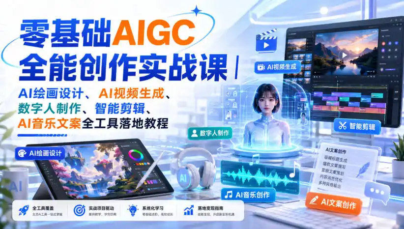 零基础AIGC全能创作实战课｜AI绘画设计、AI视频生成、数字人制作、智能剪辑、AI音乐文案全工具落地教程-云享网创