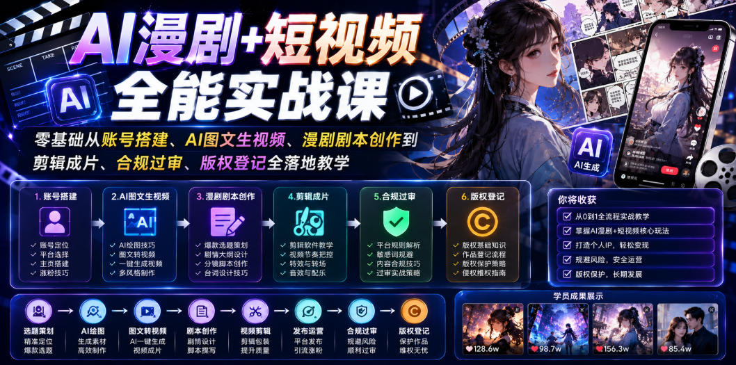 AI漫剧+短视频全能实战课｜零基础从账号搭建、AI图文生视频、漫剧剧本创作到剪辑成片、合规过审、版权登记全落地教学-云享网创