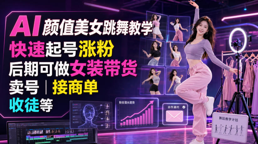 AI颜值美女跳舞教学，快速起号涨粉，后期可做女装带货，卖号，接商单，收徒等-云享网创