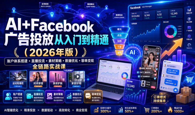 AI+Facebook广告投放从入门到精通(2026年版)|账户体系搭建・直播投流・素材策略・数据优化・聊单变现全链路实战课-云享网创