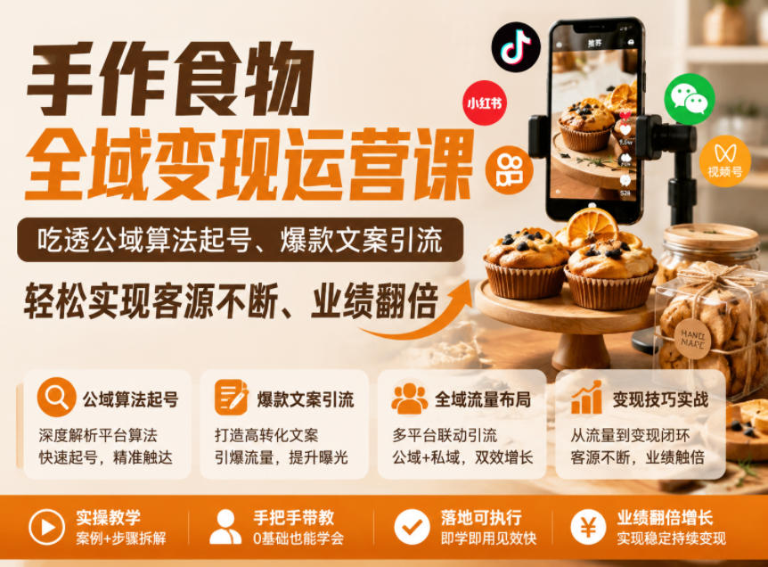 手作食物全域变现运营课，吃透公域算法起号、爆款文案引流，轻松实现客源不断、业绩翻倍-云享网创