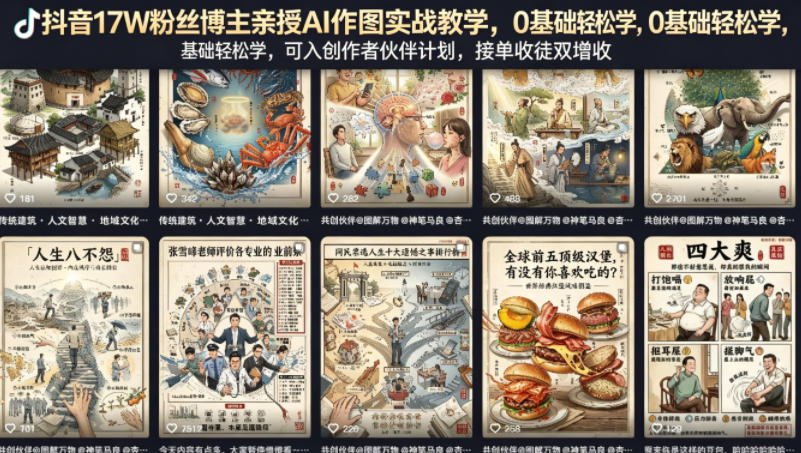 抖音17W粉丝博主亲授AI作图实战教学，0基础轻松学，可入创作者伙伴计划，接单收徒双增收-云享网创