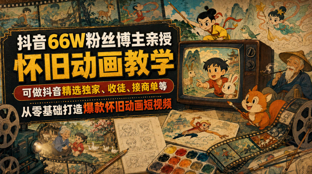 抖音66W粉丝博主亲授怀旧动画教学，可做抖音精选独家、收徒、接商单等，从零基础打造爆款怀旧动画短视频-云享网创