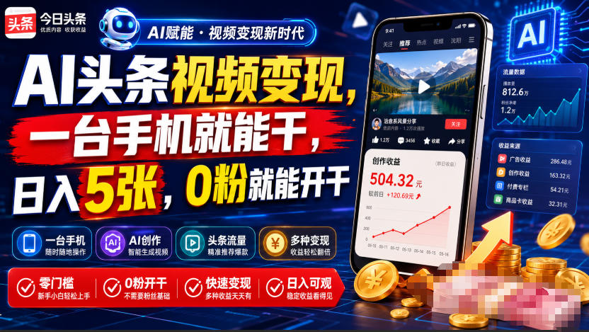 AI头条视频变现，一台手机就能干，日入5张，0粉就能开干-云享网创