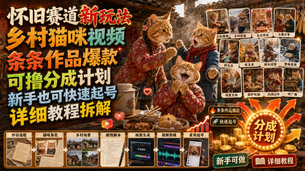 怀旧赛道新玩法，乡村猫咪视频，条条作品爆款，可撸分成计划，新手也可快速起号，详细教程拆解-云享网创