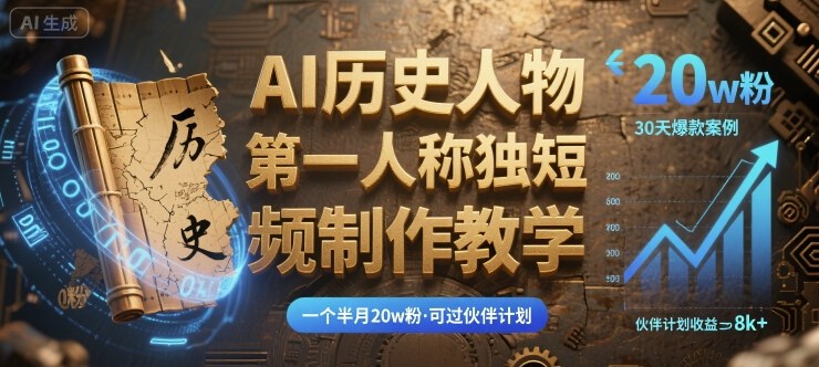 最新AI历史人物第一人称独白短视频制作教学，一个半月20w粉，可过伙伴计划-云享网创