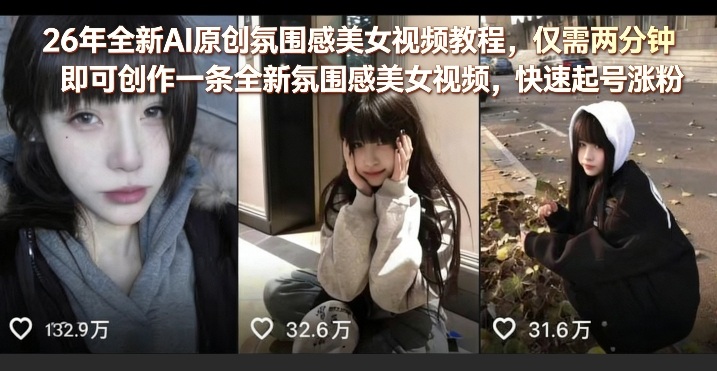 26年全新AI原创氛围感美女视频教程，仅需两分钟即可创作一条全新氛围感美女视频，快速起号涨粉-云享网创