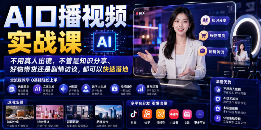 AI口播视频实战课，不用真人出镜，不管是知识分享、好物带货还是剧情访谈，都可以快速落地-云享网创