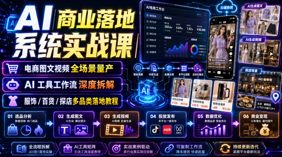 AI商业落地系统实战课｜电商图文视频全场景量产・AI工具工作流深度拆解・服饰/百货/探店多品类落地教程-云享网创