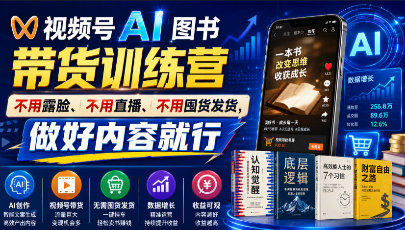 视频号AI图书带货训练营,不用露脸、不用直播、不用囤货发货,做好内容就行,一条爆款视频佣金8942-云享网创