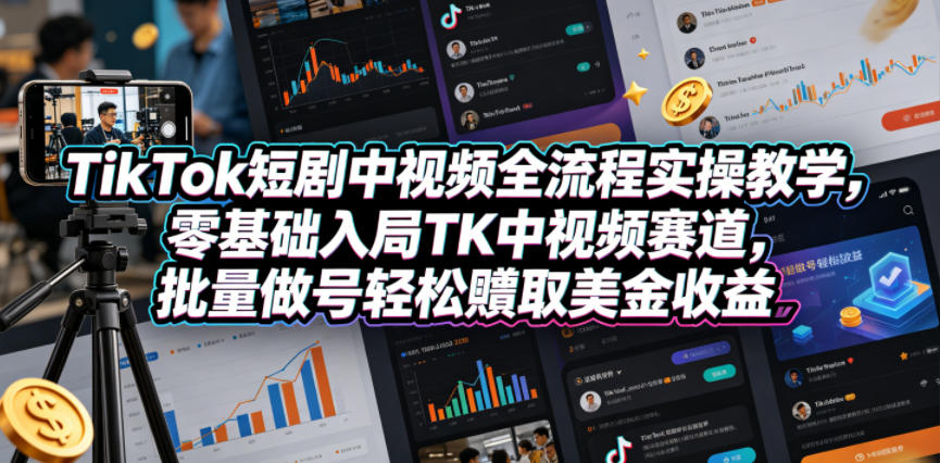 TikTok短剧中视频全流程实操教学，零基础入局TK中视频赛道，批量做号轻松賺取美金收益-云享网创