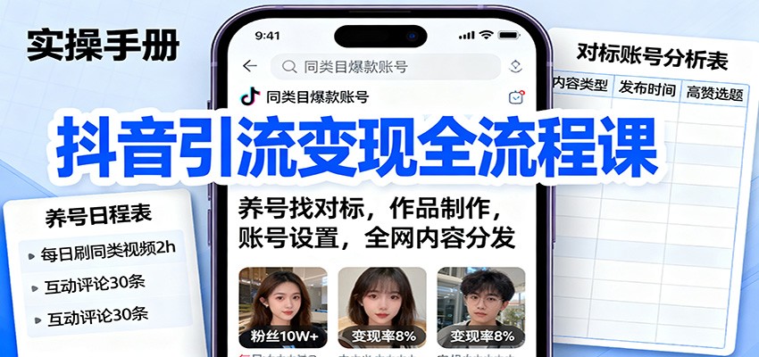 抖音引流变现全流程课：养号找对标，作品制作，账号设置，全网内容分发-云享网创