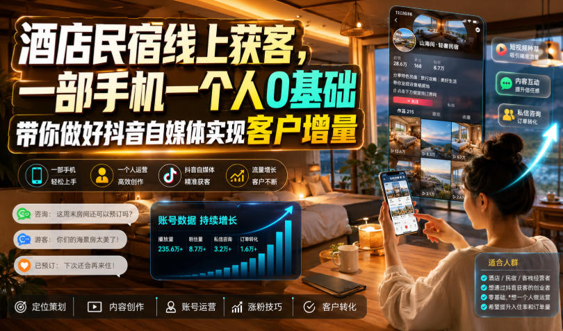 酒店民宿线上获客,一部手机一个人0基础带你做好抖音自媒体实现客户增量-云享网创