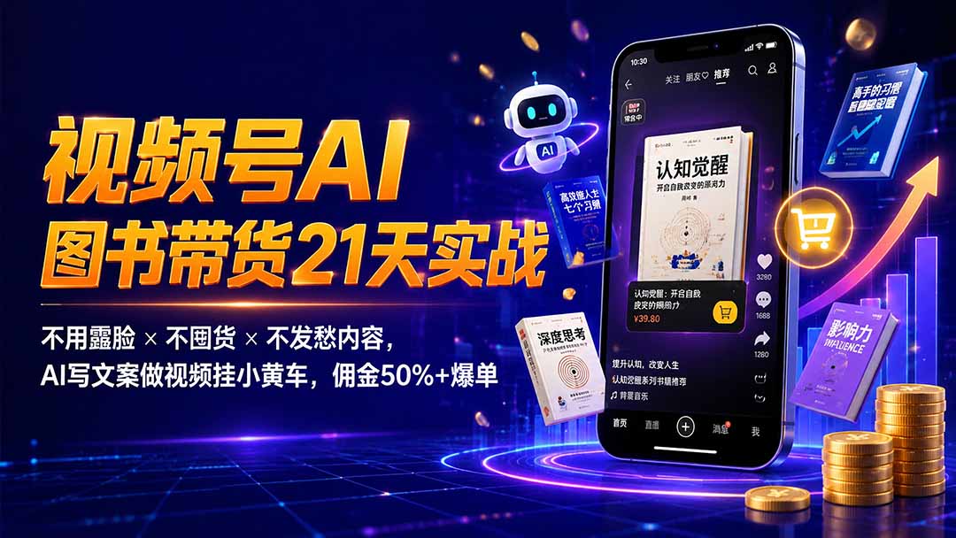 繁花视频号AI图书带货21天实战:不用露脸×不囤货×不发愁内容,AI写文案做视频挂小黄车,佣金50%+爆单-云享网创