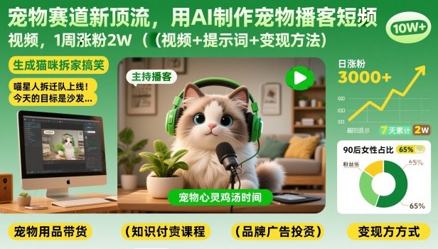 宠物赛道新顶流，用AI制作宠物播客短视频，1周涨粉2W(视频+提示词+变现方法)-云享网创