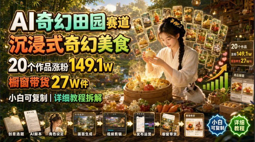 AI奇幻田园赛道，沉浸式奇幻美食，20个作品涨粉149.1W，橱窗带货27W件，小白可复制，详细教程拆解-云享网创