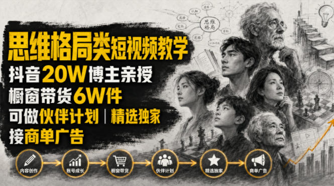 人性思维格局类短视频教学,抖音20W博主亲授,橱窗带货6W件,可做伙伴计划、精选独家、接商单广告-云享网创