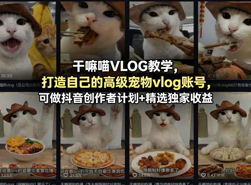 干嘛喵VLOG教学，打造自己的高级宠物vlog账号，可做抖音创作者计划+精选独家收益-云享网创