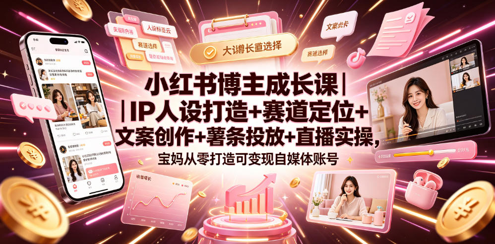 小红书博主成长课｜IP人设打造+赛道定位+文案创作+薯条投放+直播实操，宝妈从零打造可变现自媒体账号-云享网创