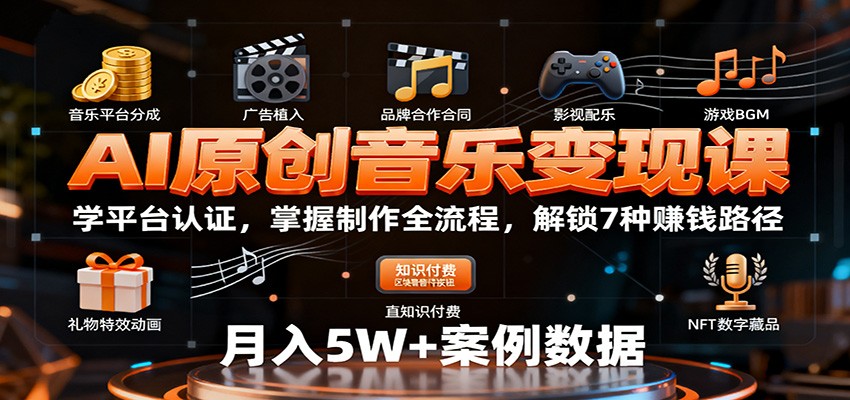 AI原创音乐变现课:学平台认证,掌握制作全流程,解锁7种赚钱路径-云享网创