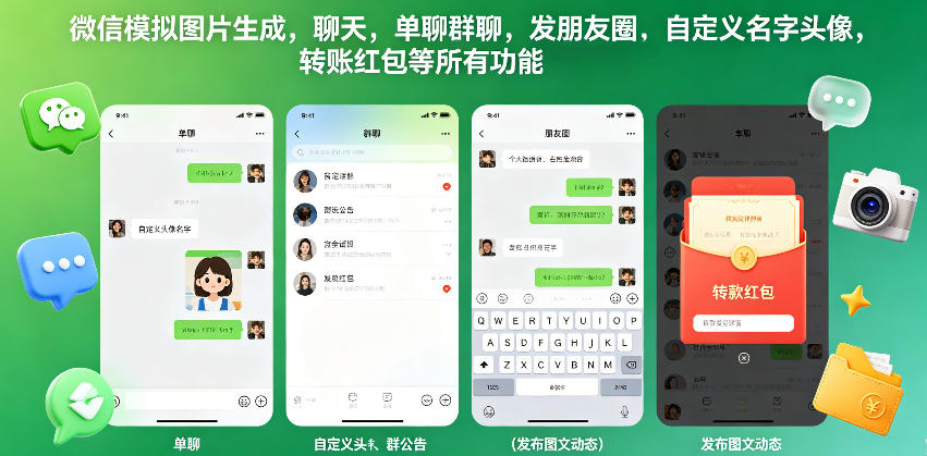 微信模拟图片生成，聊天，单聊群聊，发朋友圈，自定义名字头像，转账红包等所有功能都可以生成-云享网创