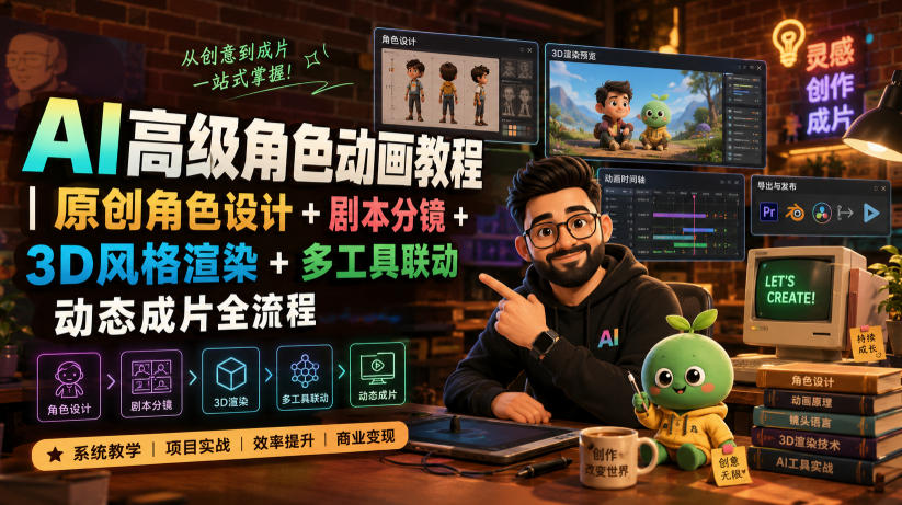 AI高级角色动画教程|原创角色设计+剧本分镜+3D风格渲染+多工具联动动态成片全流程【中英字幕】-云享网创