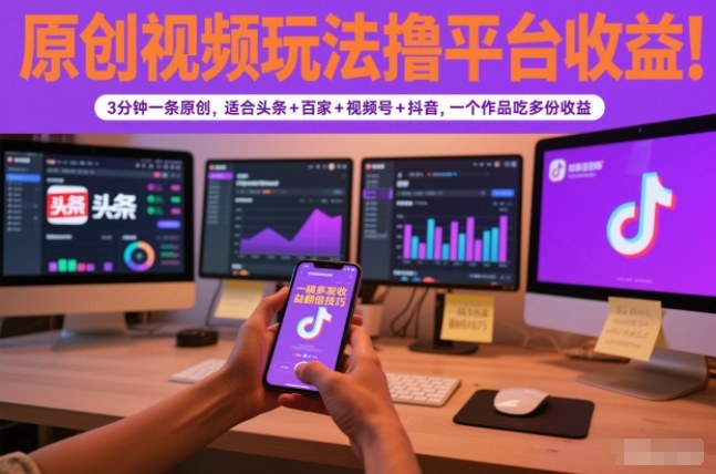 原创视频玩法撸平台收益,3分钟一条原创,适合头条+百家+视频号+抖音,一个作品吃多份收益-云享网创