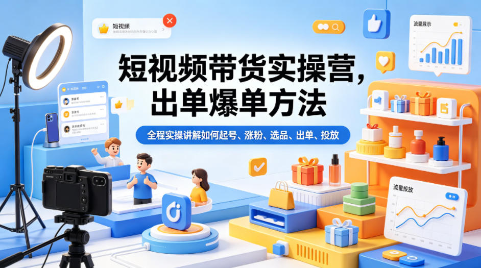 短视频带货实操营,出单爆单方法,全程实操讲解如何起号、涨粉、选品、出单、投放-云享网创