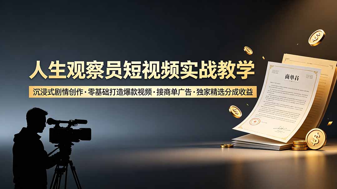 人生观察员短视频实战教学，沉浸式剧情创作，零基础打造爆款视频，接商单广告，独家精选分成收益-云享网创