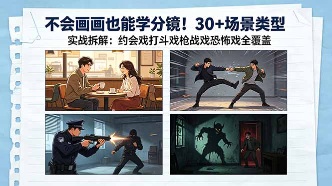不会画画也能学分镜！30+场景类型实战拆解：约会戏打斗戏枪战戏恐怖戏全覆盖-云享网创