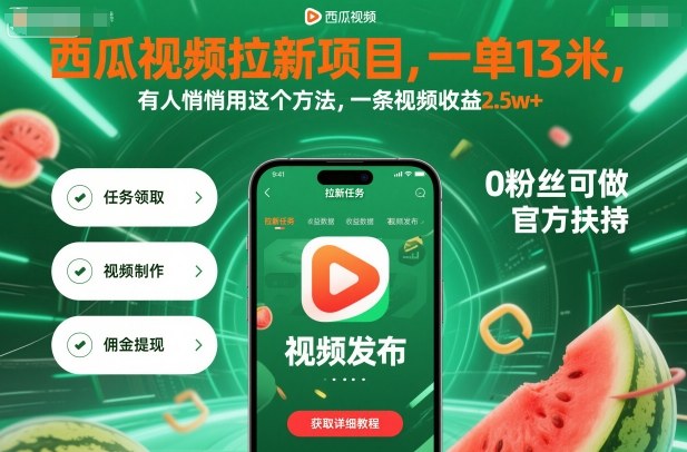 西瓜视频拉新项目，一单13米，有人悄悄用这个方法，一条视频收益2.5w+(附详细教程)-云享网创