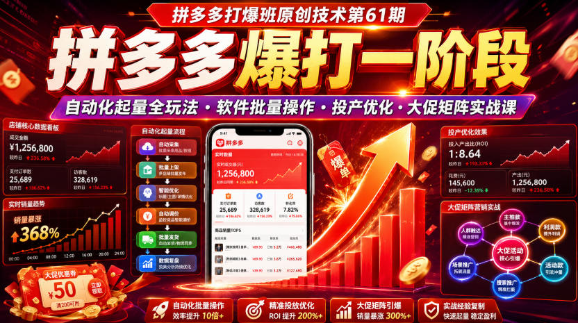 拼多多打爆班原创技术第61期,拼多多爆打一阶段,自动化起量全玩法・软件批量操作・投产优化・大促矩阵实战课-云享网创