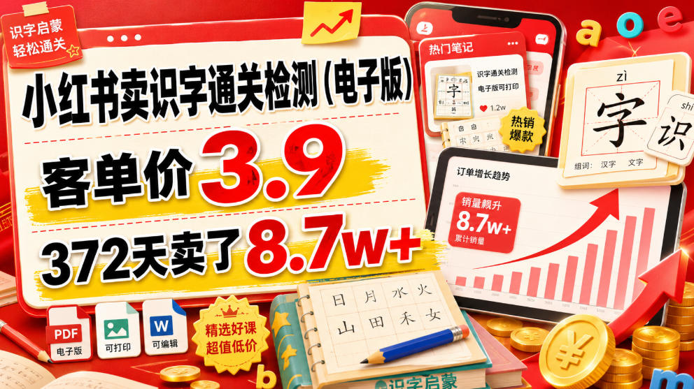 小红书卖识字通关检测(电子版),客单价3.9,372天卖了8.7w+-云享网创