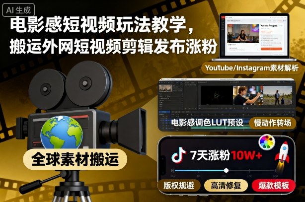 电影感短视频玩法教学,搬运外网短视频剪辑发布涨粉-云享网创