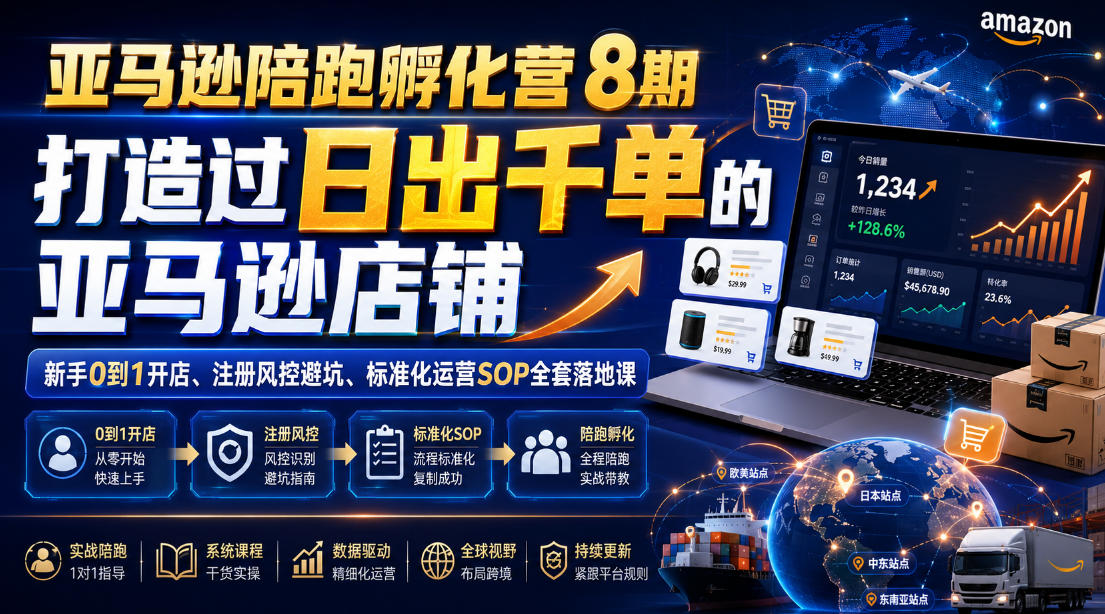 亚马逊陪跑孵化营8期，打造过日出千单的亚马逊店铺，新手0到1开店、注册风控避坑、标准化运营SOP全套落地课-云享网创