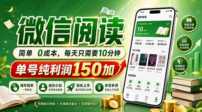 最新微信阅读，每日10分钟，单号利润150+，可批量放大操作，简单0成本-云享网创