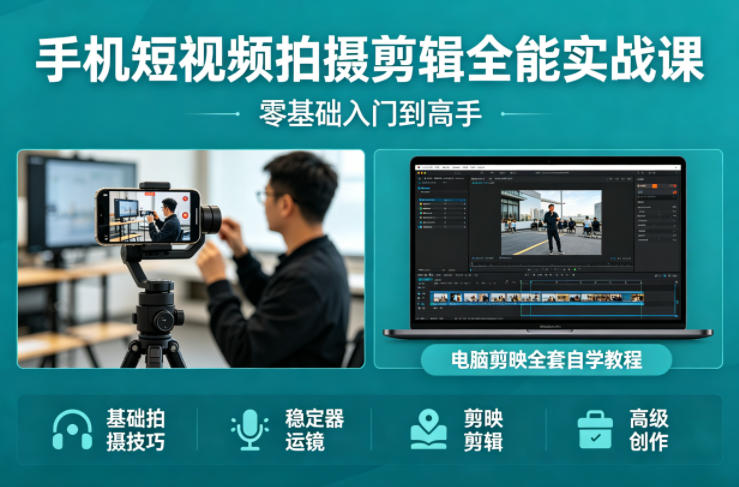 手机短视频拍摄剪辑全能实战课：零基础入门到高手，稳定器运镜+电脑剪映全套自学教程-云享网创
