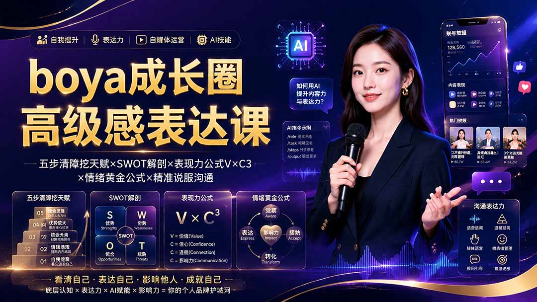 boya成长圈｜内心成长高级表达AI自媒体三合一，消解内耗挖掘天赋，镜头沟通AI指令短视频全流程教学-云享网创