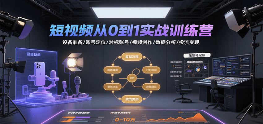短视频从0到1实战训练营：设备准备/账号定位/对标账号/视频创作/数据分析/投流变现-云享网创