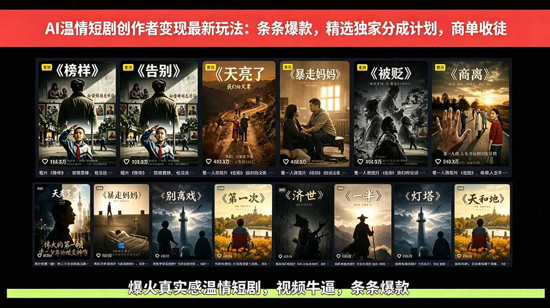 AI温情短剧创作者变现最新玩法：视频牛逼，条条爆款，精选独家分成计划，商单收徒-云享网创