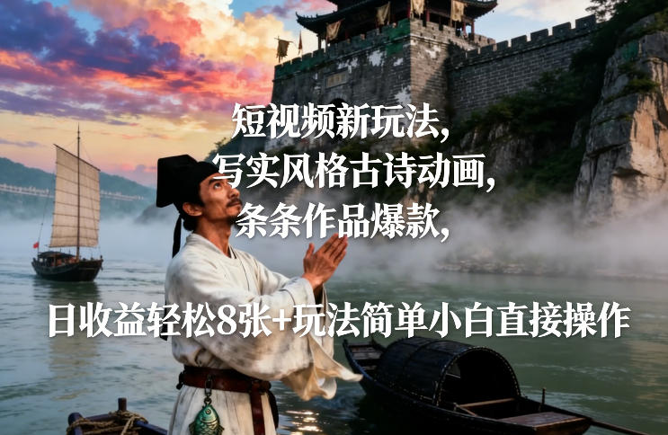 短视频新玩法，写实风格古诗动画，条条作品爆款，日收益轻松8张+玩法简单小白直接操作-云享网创